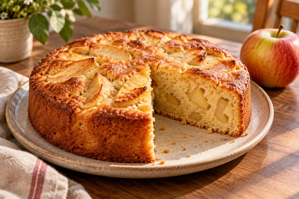 Яблочная шарлотка с вырезанным куском и видимым мякишем