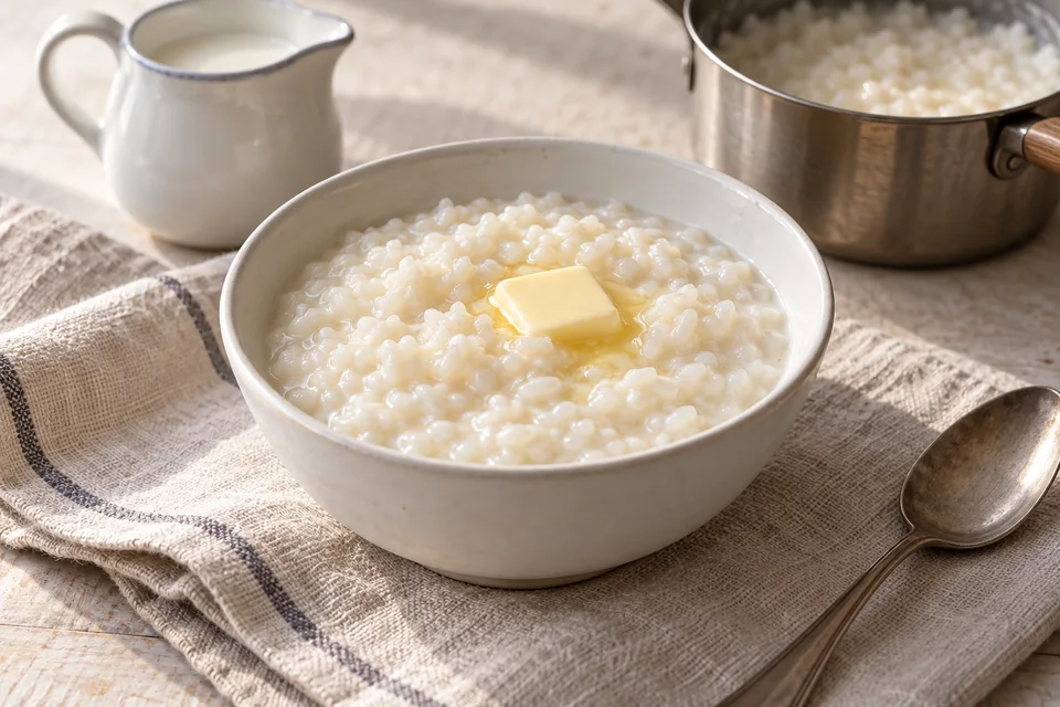 Миска молочной рисовой каши с кусочком масла